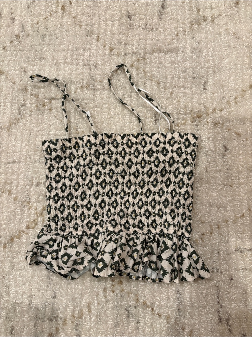 Mango Olive green  & White Smocked Floral Ruffle Cami